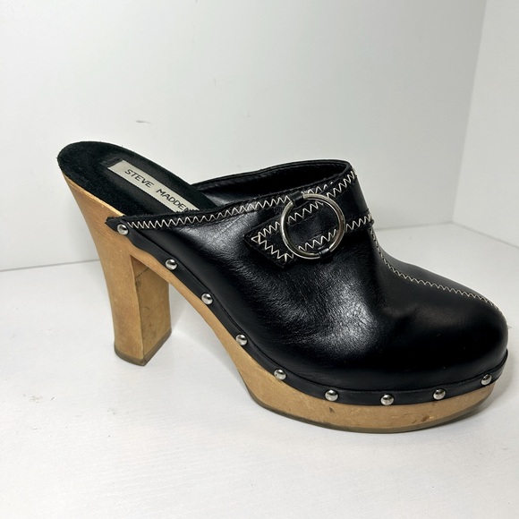 Steve Madden Faris Vintage 90s Y2K Black Mule Clog Wooden Heel w/ Buckle Sz 10 - Picture 1 of 16